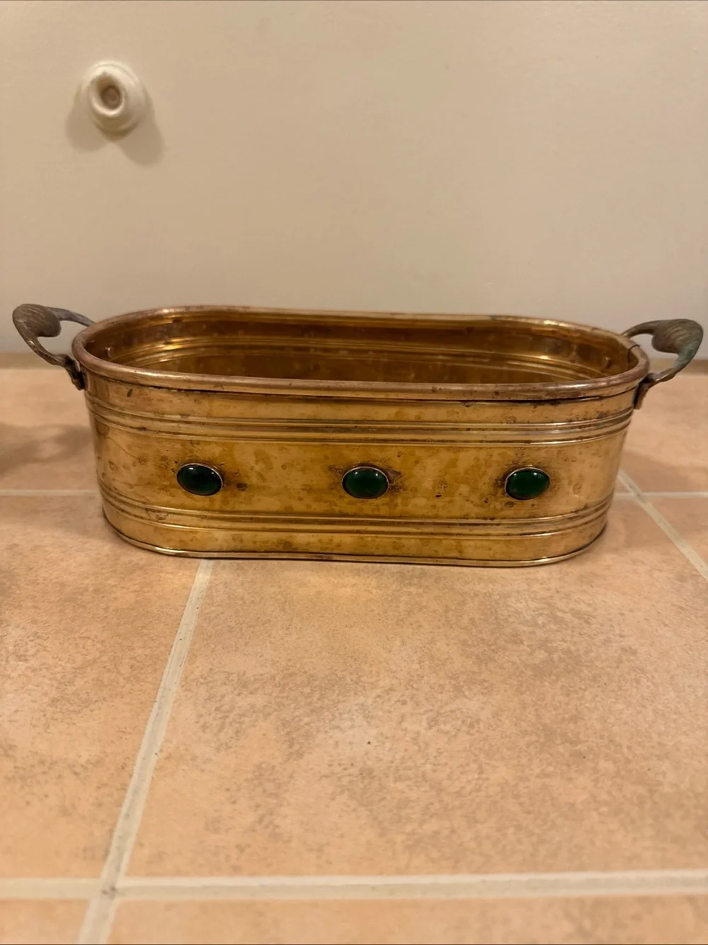 2 Vintage Brass Planters  W/Handles & Jewels Along The Side